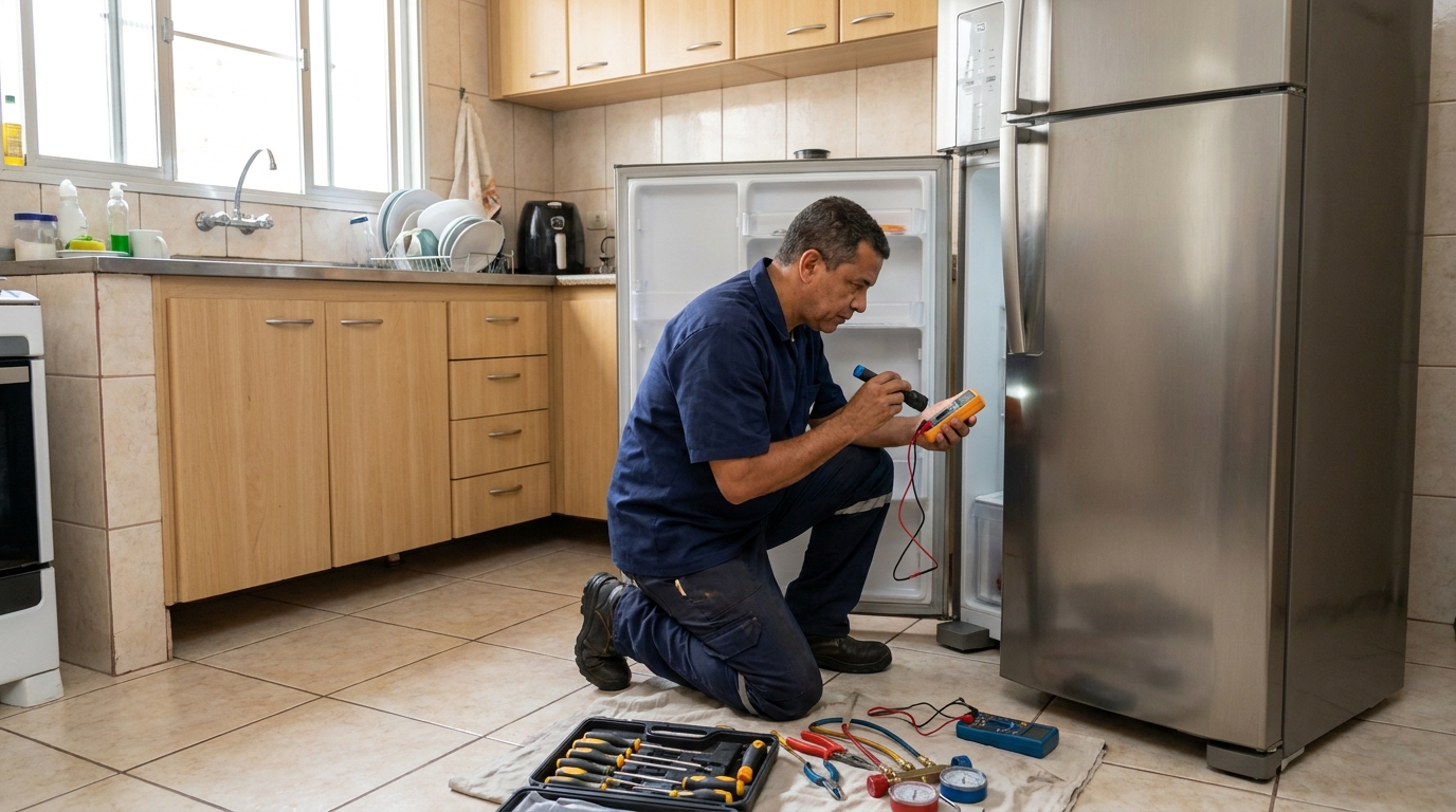 Técnico fazendo recarga de gás em geladeira de cliente na Buritirana, Palmas‑TO