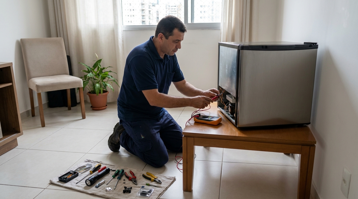 Técnico avaliando um frigobar compacto durante atendimento em Palmas‑TO